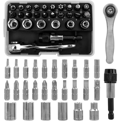 Mesee 28 Pezzi Set Chiavi a Cricchetto 1/4 72 Denti Reversibili in Acciaio Cr-V - Completo di Mini Chiavi a Luna, Bussola e Punte Cacciavite, Ideale per Riparazioni Auto, DIY e Lavori Meccanici