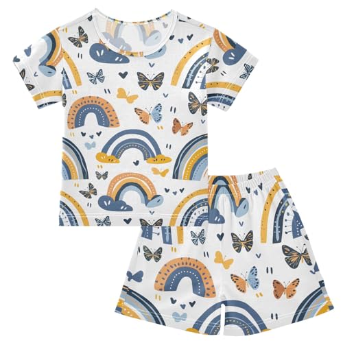 ALAZA Rainbows Butterfly Heart Pajamas Short Sleeve 2 Piece Sleepwear Top and Bottom Pajama Set Unisex