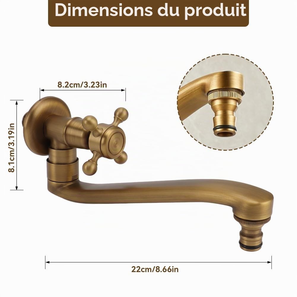 Robinet Extérieur, 21.8cm Robinet de Jardin Antique avec Bec Étendu | Robinet Eau Froide Simple à Montage Mural en Cuivre pour Jardin, Patio, Cour(Bec pointu)