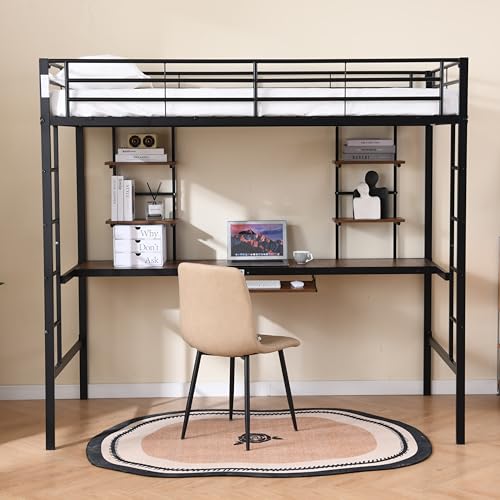 Hmdpoo Cama Litera de Metal 190x90cm, Negro, Estructura de Metal y MDF, con Escritorio Integrado, Diseño Casual para Dormitorio, 195x103x180cm