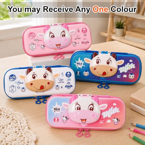 Image of WISHKEY Cute Cow Pencil Box for Kids Hard Shell EVA Pencil Case with Magnetic Closure Mesh Pocket Pen Holders & Dual Zipper Large Capacity Pencil Pouch for Boys Girls School Stationery Box Multicolor