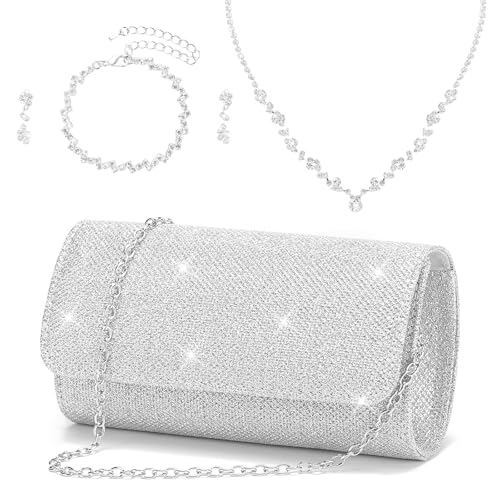 ZHITENG Bolso Plateado Mujer Cadena Ajustable, Un Collar de Plata, una Pulsera y un par de Pendientes Bolsos de Fiesta Mujer Boda para Ocasiones Formales Como Fiestas Bailes Graduaciones y Bodas