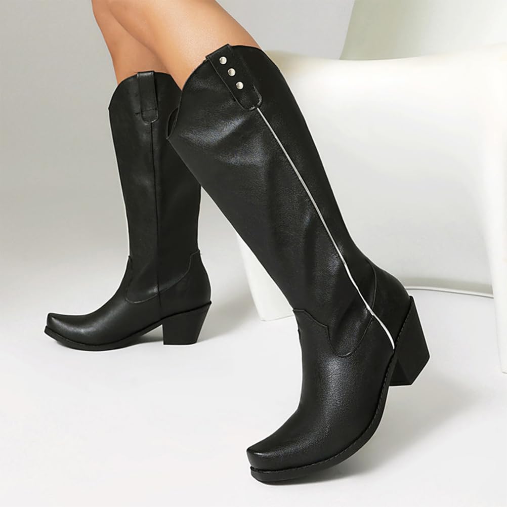 Botas Vaqueras Mujer Cuero Sintético Media Pantorrilla Tachuelas Decorativas Tacón Grueso Estilo Clásico Montar Moda Calle Viaje Diario