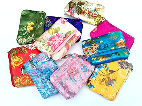 Image of HUAMULAN 6 PCS Chinese Silk 2 Zippers Coin Purse Bag Brocade Wallet Lipstick Container Jewelry Embroidered Pouch Bag Make Up Organizer