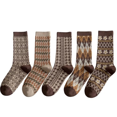 Calcetines vintage para mujer, calcetines térmicos suaves de algodón de estilo étnico en invierno, regalo para mujeres, 4-8 (5 pares), Color café/caqui/pata de gallo/diamante/flores, 32-36
