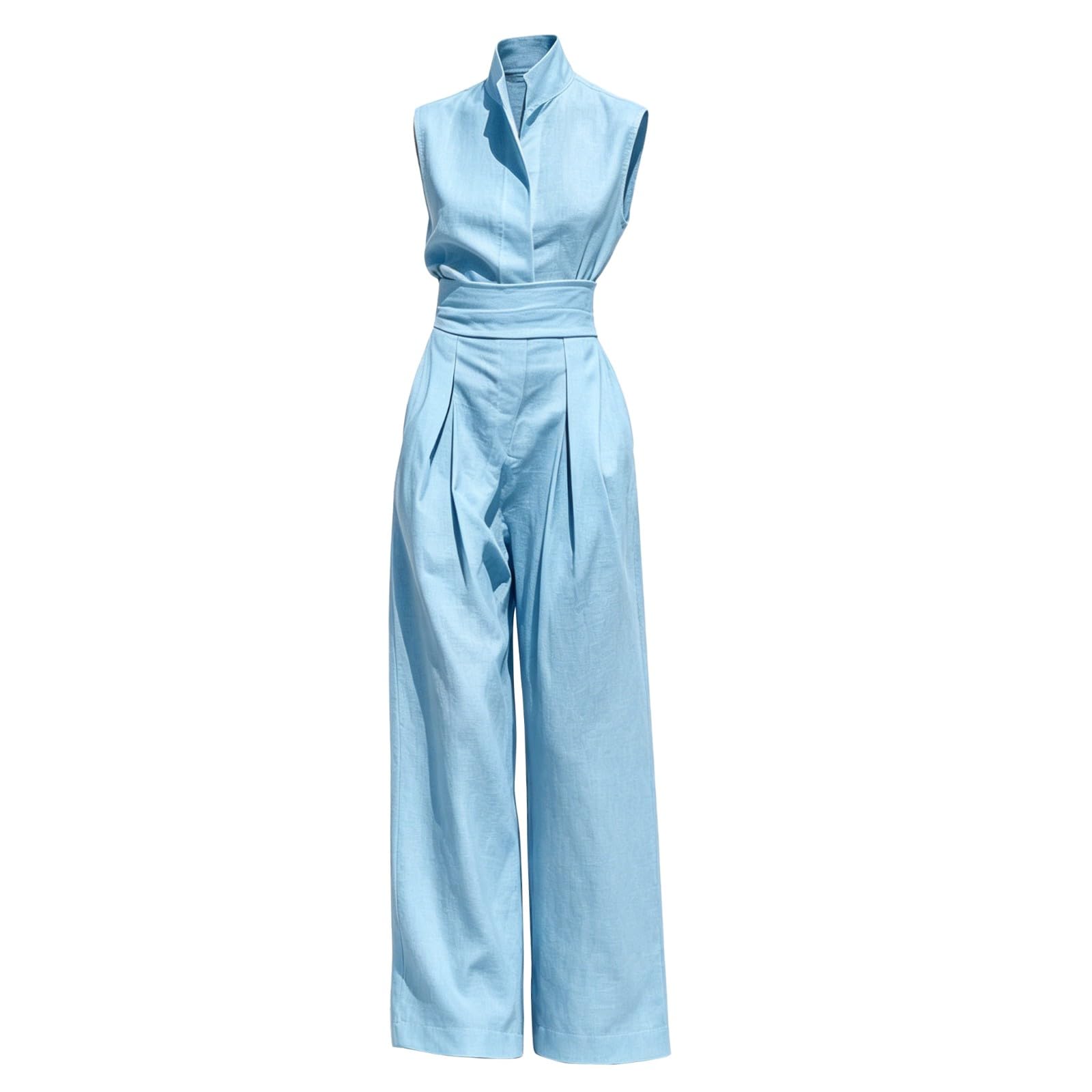 Generisch Tuta da donna elegante, estiva, senza maniche, per il lavoro | Tuta con pantaloni con tasche, tinta unita, colletto alto, tuta intera, a vita alta, a gamba larga, per matrimoni e feste