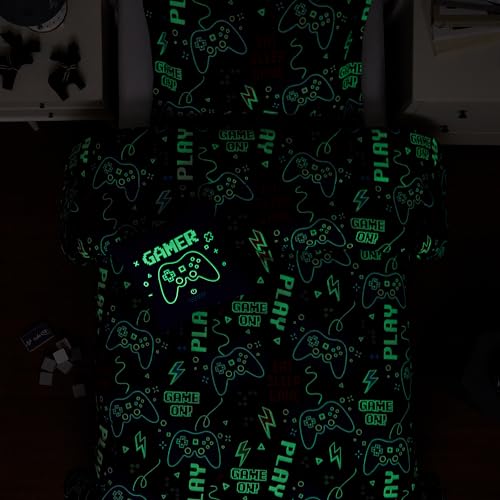 Kids Comforter Set Full Size for Boys, Glow in The Dark Gamer Bedding Set 1 Comforter, 1 Decor Pillow, 2 Pillow Shams