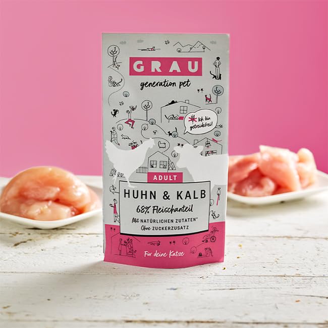 GRAU – das Original – Nassfutter für Katzen - Huhn & Kalb (Pouchbeutel), 16er Pack (16 x 125 g), getreidefrei, für Erwachsene Katzen