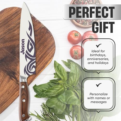 Image of Personalized Chef Knife-Stainless Steel Blade, Tribal Engraved Design, Custom Name Option Professional Kitchen Knife for Chefs & Home Cooks