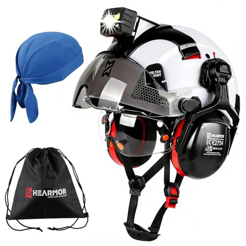 HEARMOR VOLTEK Casque de protection industriel certifié CE EN397 avec lampe frontale LED + visière et protection auditive | Pour travaux forestiers, travaux de construction et escalade | Casque de