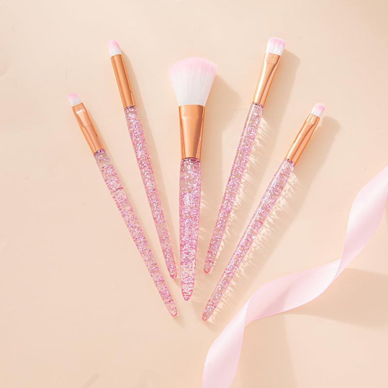 Lot de 5 pinceaux de maquillage à paillettes en cristal pour fond de teint, correcteur, fard à paupières, blush et lèvres (rose)