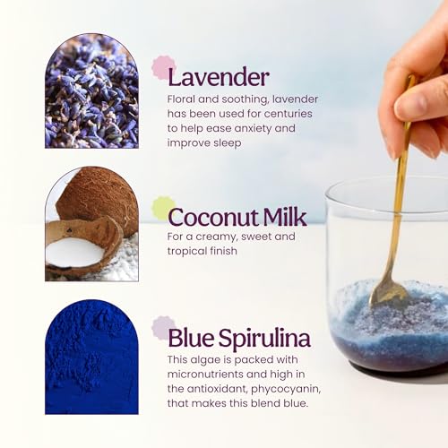 Image of Blume Blue Lavender Superfood Latte Powder - Organic Lavender Tea Powder, Blue Spirulina, Blue Butterfly Pea Flower Tea, Chamomile, Coconut Milk - Caffeine Free, Vegan, 1g Sugar - 25 Servings
