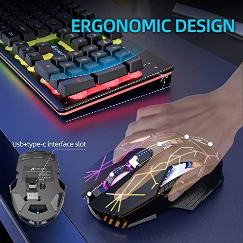 Wireless Mechanical Feel 4200mAh Rechargeable Gaming Keyboard Mouse Combo Full Size USB+Type-C Dual Interface Receiver RGB illuminated Mice Apex Pro Kontrol Freek for PC Computer Gamer PS4 XBOX,Black