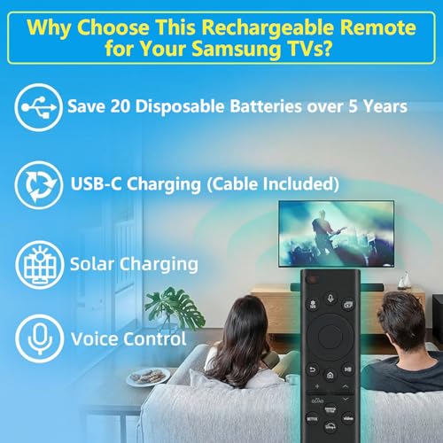 Image of Rechargeable TV Remote for Samsung Smart TVs, Replacement for All 2019-2026 Samsung TV Remote Control with Voice Control. USB-C Fast Charging. Solar Charging. 2-Year Warranty.