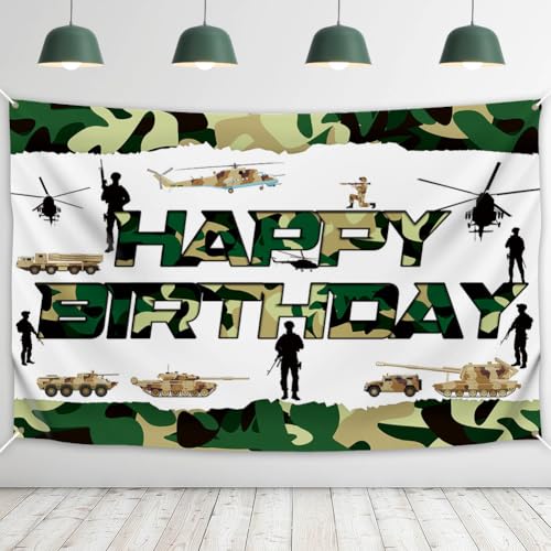 Toile de fond pour fête d'anniversaire motif camouflage militaire, bannière murale sur le thème de l'armée pour garçons, tank, hélicoptère, soldat,...