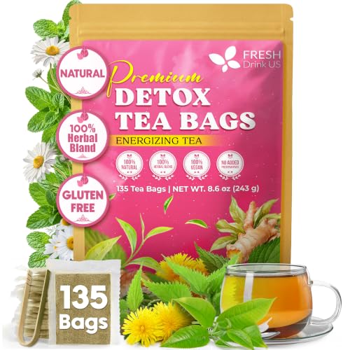 FreshDrinkUS, Premium 135 Bags Herbal Detox Tea, Strong and Great Blend with Dandelion, Ginseng, and Ginger - Digestive Health - Vegan, All Natural, Laxative-Free