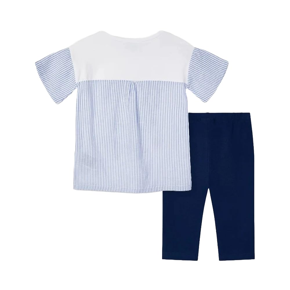 Generico Conjunto completo niña camiseta blanca con gráficos Selfie y pantalones leggings azul marino – Manga corta con lazo, look casual verano modelo 3736