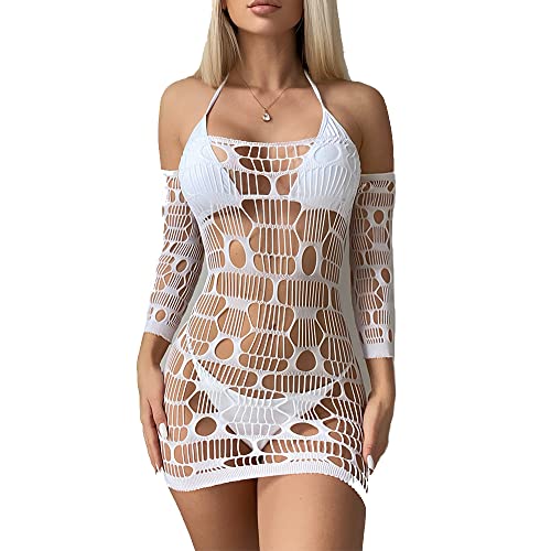 Image of Hollow Out Crochet Bodycon Cover Up Swimsuit Mini Dress Sexy Lingerie Off Shoulder Beach Swimwear
