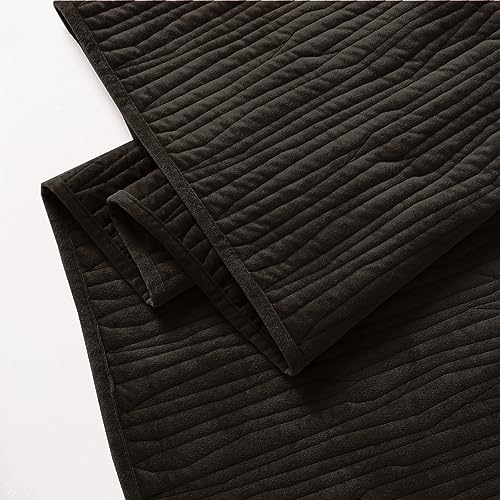 Image of Wonderful Velvet Quilt Set - Wood-Grain Stitched Brownish Black Quilt Queen Size, Velvet Lightweight Comforter with 2 Pillow Shams, Luxurious Suede Bedspread Coverlet for All Season, 94 inchx94 inch