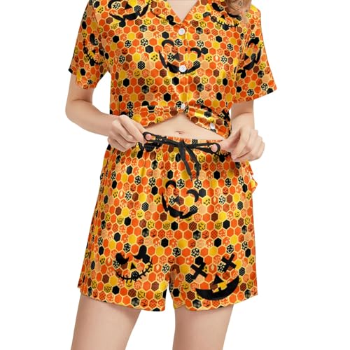Image of Funny Pajamas for Women Set Print Satin Loungewear Pjs Short Sleeve Button Down Top and Shorts Sets Sleepwear XS-3XL