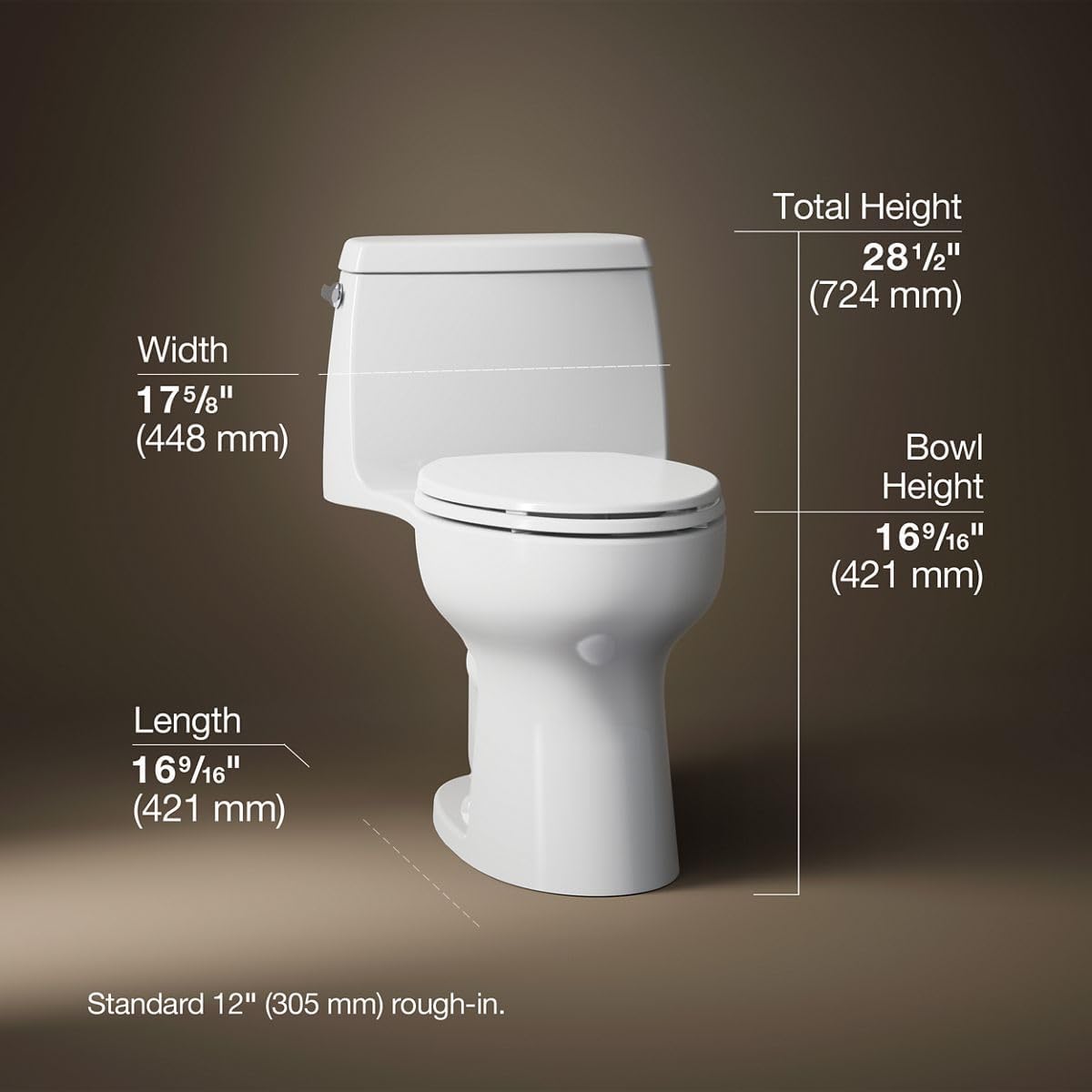 KOHLER 30810-0 Santa Rosa One-Piece Compact Elongated 1.28 Gpf Toilet With Revolution 360 Swirl Flushing Technology