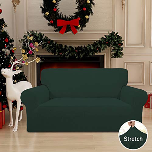Image of Easy-Going Stretch Loveseat Slipcover 1-Piece Sofa Cover Furniture Protector Couch Soft with Elastic Bottom for Kids Polyester Spandex Jacquard Fabric Small Checks (Loveseat, Dark Green)