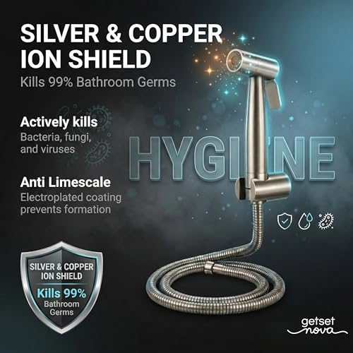 Image of Health Faucet Stainless Steel Jet Spray Gun for Toilet | Silver & Copper Ion Shield Kills 99% Germs | Leak-Proof Bathroom with 1.5 mtr Hose 1 Year Warranty (Jet Spay with Pipe)