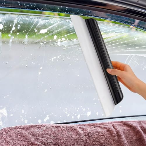 Image of 2 Pack 14 Inch Car Drying Squeegee Black Silicone Window Blade | Flexible Silicone for Drying Windshield Shower Glass, Bathroom Window Cleaner, T-bar Design, Long Handle Wash Tool