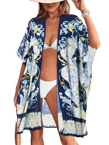 Image of Women's Kimono Swimsuit Coverups Summer Beach Loose Cardigans for Swimwear | CHICGAL Casual Open Front Chiffon Cover Up, 3 /4 Sleeve Lightweight Vacations Outfits 2026, Long Summer Resort Wear