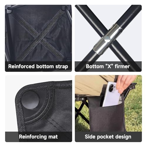 BTIUGYI Camping Hocker mit Seitentaschen 33CM, Tragbarer Klapphocker mit Aufbewahrungsbeutel, Fußhocker Outdoor, Leicht Sitz Falthocker für Wandern, Garten, Angeln, Grillen, Strand (Schwarz)