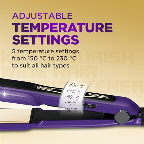 Image of Havells Wide Hair Straightener|KeraNourish| 5 Adjustable Temperature Settings| Digital Display|For All Hair Types|Worldwide Voltage|HS4222
