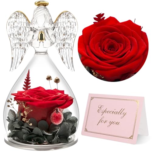 Yamonic Mom Birthday Gifts for Mom, Angel Figurines with Real Rose Gifts for Her Mom Grandma,Preserved Flowers Rose Angel Figurines for Mothers Day Christmas Anniversary Birthday Gifts for Her (Red)