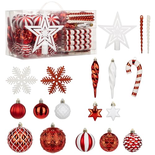 80 PCS Christmas Baubles Set Glitter Shatterproof Bauble Ornaments with Star Tree Topper, Snowflakes, Candy Canes and Hanging Balls for Christmas Tree Decorations Xmas Wreath Garland, Red and White