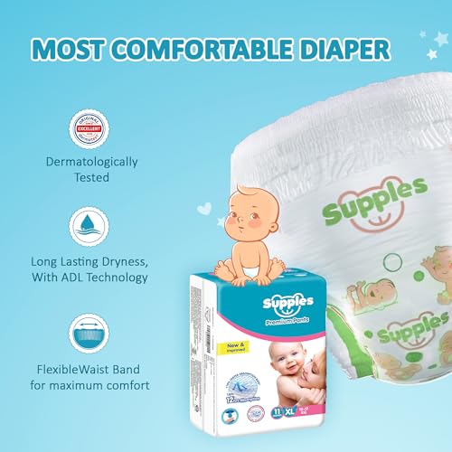 Image of Amazon Brand - Supples Premium Baby Diaper Pants | 11 Baby Diapers | XL | 12-17 Kg | 12 Hrs Absorption | Cushiony Cotton Soft Fabric | Phthalates-Free | Triple Leak Guard