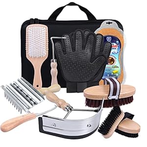 Harrison Howard Horse Grooming Kit 10-Piece Wooden Brush Set with Storage Case Tack Room Supplies Shedding Grooming Massaging Tools