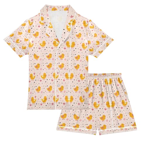 senya Little Yellow Chick Satin Summer Pajama Sets Silk Short Sleeve Button Down Sleepwear