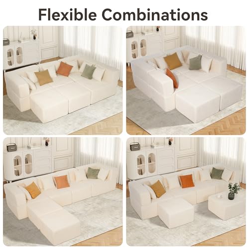 Image of MONVANE 130'' Modular Sectional Cloud Couch for Living Room, 6 Seater Convertible Chenille Couches Set with Ottoman & Pillow, No Assembly Compression Sofas, Comfy Floor Sofa with Memory Foam, Beige