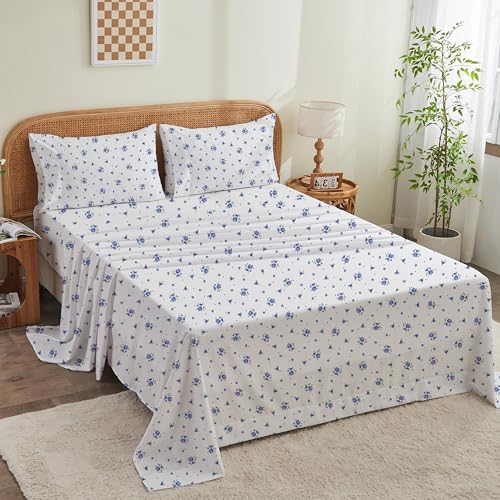 Hylnosia 4-Piece Queen Extra Deep Pocket Sheet Set, Patterned Floral Queen Sheet Set Fits up to 24 inch,Ultra-Soft & Wrinkle-Resistant,Blue Floral