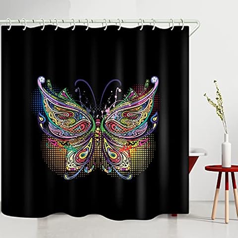 Wasserdichte Duschvorhang-Sets für Badezimmer-Accessoires mit kreativem Kunst, schwarz, bunt, Schmetterling-Druck, schöner breiter Stoff Cover