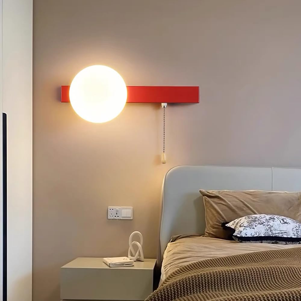 Apliques de pared modernos rojos Lámpara de pared moderna con forma de globo con interruptor de extracción y pantalla acrílica blanca como la leche, aplique de pared de metal con cableado G9,