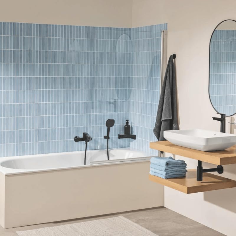 GROHE Start Edge – Grifo monomando de bañera visto con inversor automático (pared, cartucho cerámico 35 mm, válvula antirretorno, caño con aireador mousseur), Negro Mate, 241982431