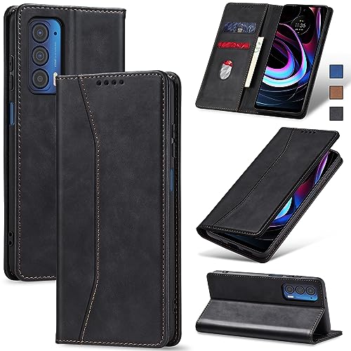 Image of Jasonyu Flip Wallet Case for Motorola Edge 5G UW /Moto Edge (2021),Leather Magnetic Folio Cover with Card Holder,Kickstand - TPU Shockproof Durable Protective Phone Case,Black