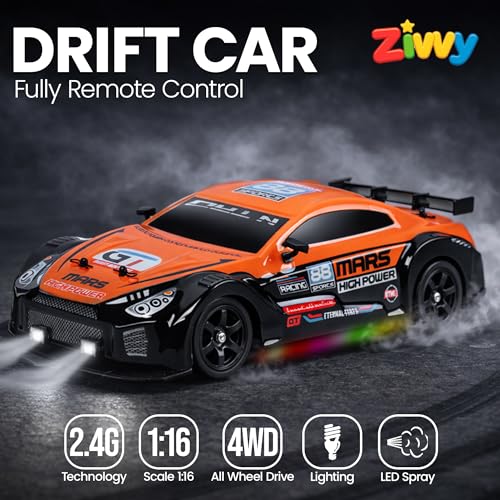 Image of Big Remote Control Car - Orange | 2.4G Drift Racing Car with 150 Meter Range, Smoke Effect, LED Lights & Music | Rechargeable RC Car Toy | Best Gift for Boys & Girls 2 3 4 5 6 7 8+ Years