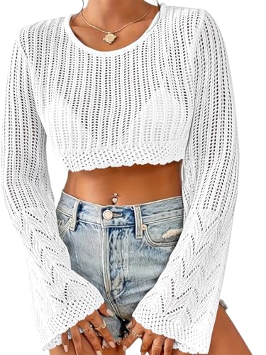 Image of Women Crochet Sweater Lightweight Cropped Summer Tops Long Sleeve Hollow Out Knit Cover Up