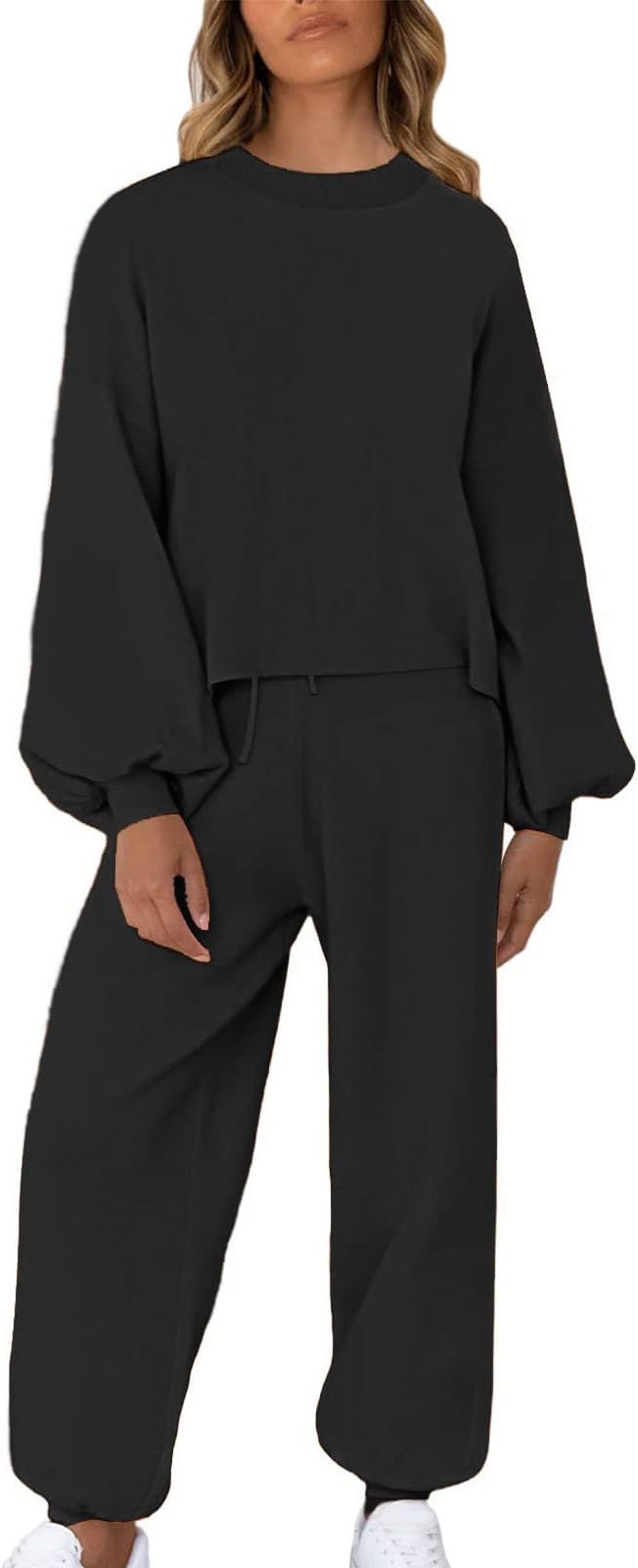 Plush Fleece Sweatsuit for Women Crewneck Lantern Sleeve Sweater Tops Stretch Tapered Jogging Sweatpant Matching Set