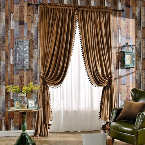 Image of Melodieux Pom Poms Velvet Blackout Curtains for Living Room Bedroom, Vintage Luxury Energy Saving Rod Pocket Thermal Insulated Lined Drapes, 52 inch W x 96 inch L, Golden Brown (2 Panels)