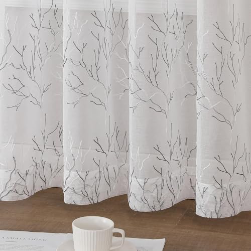 VISIONTEX White Sheer Curtains 96 inch Length 2 Panels Set Decorative Grey Coral Embroidery Rod Pocket Embroidered Semi Sheer Window Drapes for Living Room and Bedroom 54 x 96 Inches by VISIONTEX - Image 6