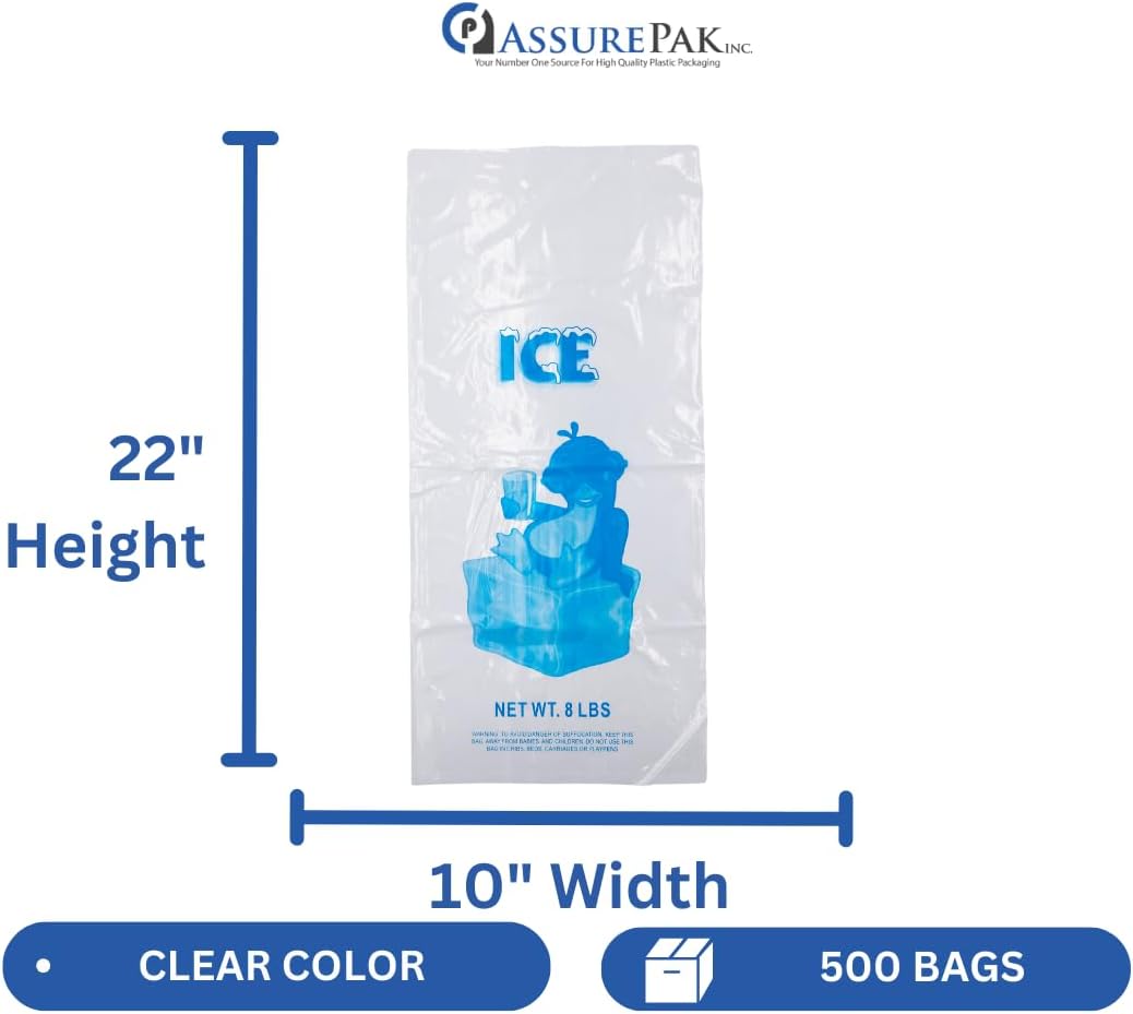 ASSUREPAK 8LB Ice Storage Bags – 500 Bags - 10"x20" - 1.35 mil – for Freezer, Reusable Use, Commercial Ice Bags for Storage, Bagging & Transport