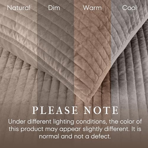 Image of Wonderful Velvet Quilt Set, Queen Light Brown Soft Fluff Texture Coverlet with Shams, Channel Stitched Pattern, All-Season Use, Versatile Lightweight Bedspread for Bedroom Adults Teens Kids,94 inchx94 inch