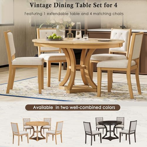 Image of Bellemave Extendable Dining Table Set for 4, 5-Piece Retro Round Table Set with 4 Upholstered Chairs, Round Table with a 16 inch W Leaf, Oval Kitchen Table Set with Extendable Table (Natural)